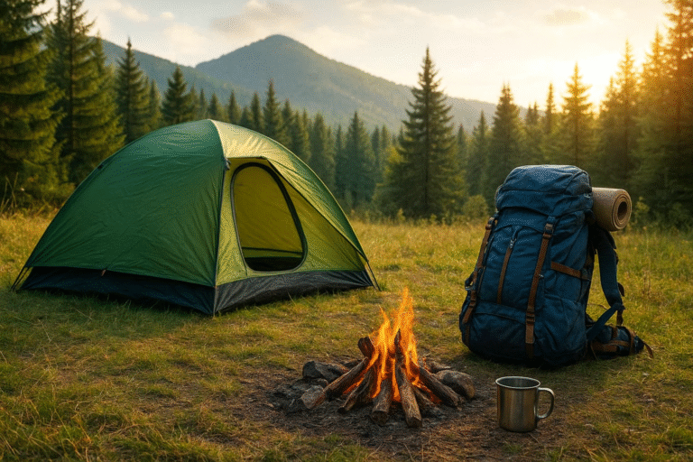 Namiot i plecak przy ognisku na tle leśnej polany o zachodzie słońca