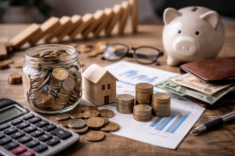 Oszczędzanie pieniędzy i bezpieczeństwo finansowe – słoik z monetami, skarbonka, kalkulator i dokumenty finansowe na drewnianym stole symbolizujące stabilność i ryzyko