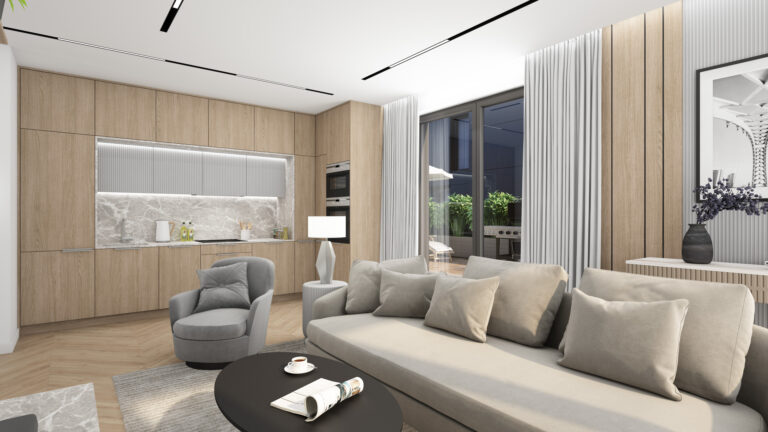 Nowoczesny salon z aneksem kuchennym w jasnych kolorach, drewniane zabudowy, minimalistyczne meble i duże przeszklenia z wyjściem na taras.