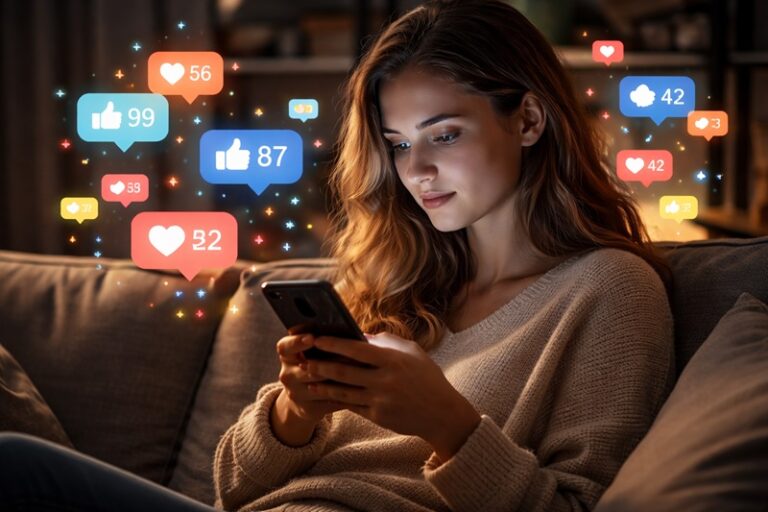 Młoda kobieta siedząca na kanapie i korzystająca ze smartfona, otoczona ikonami reakcji i powiadomień mediów społecznościowych, symbolizująca wpływ algorytmów na poglądy