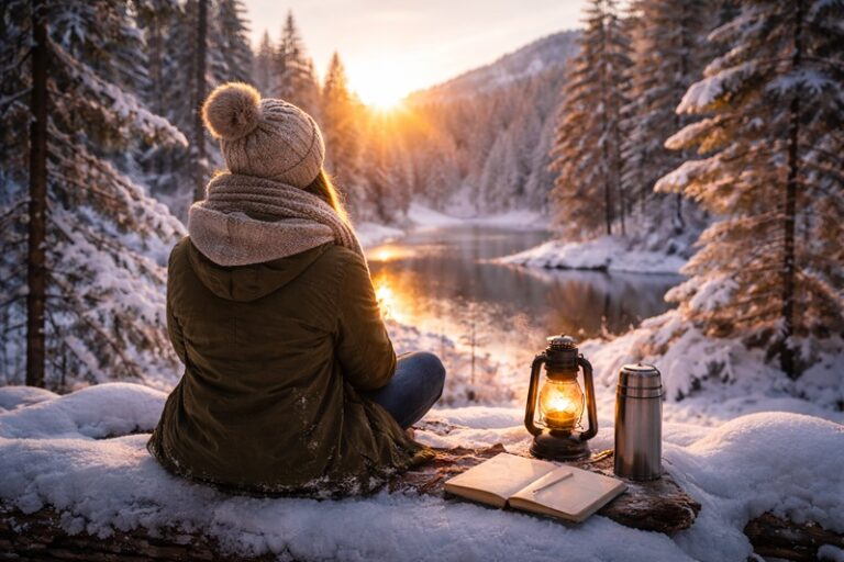 Osoba siedząca w ciszy zimowego krajobrazu nad zamarzniętym jeziorem o zachodzie słońca, symbol duchowego wyciszenia, refleksji i wewnętrznego spokoju