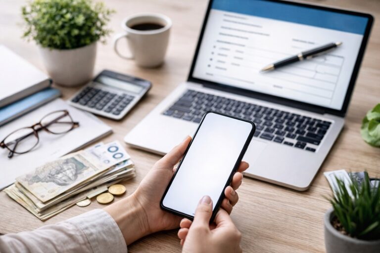 Osoba trzymająca smartfon z pustym ekranem przy laptopie i gotówce, symbol pożyczki online i finansów osobistych