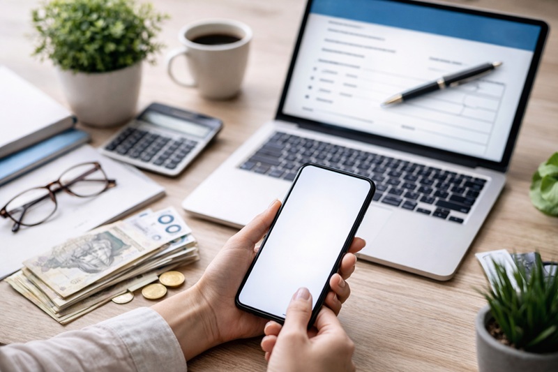 Osoba trzymająca smartfon z pustym ekranem przy laptopie i gotówce, symbol pożyczki online i finansów osobistych
