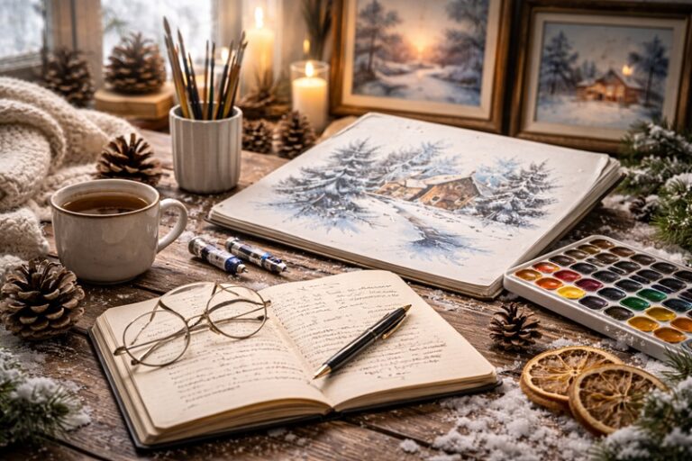 Artystyczna scena zimowa łącząca malarstwo i literaturę, szkic zimowego krajobrazu, akwarele, notatnik z piórem, świeca i zimowe dekoracje na drewnianym stole