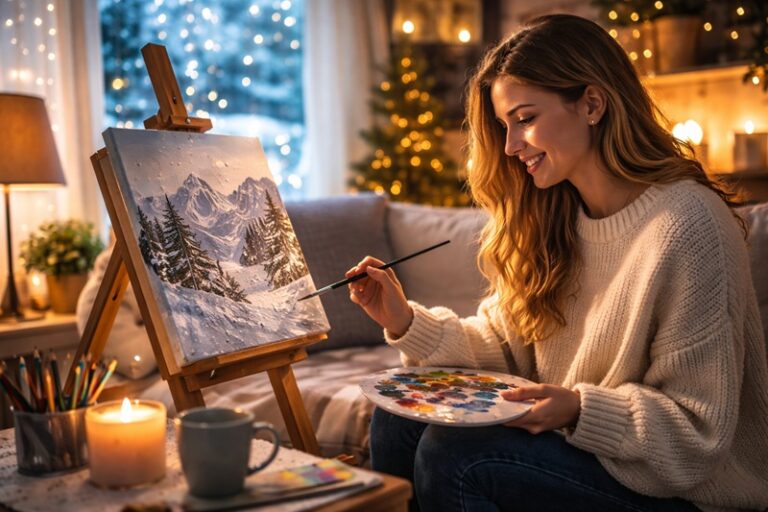hobby zimą nastrój poprawiające kobieta malująca obraz w przytulnym wnętrzu zimowego wieczoru