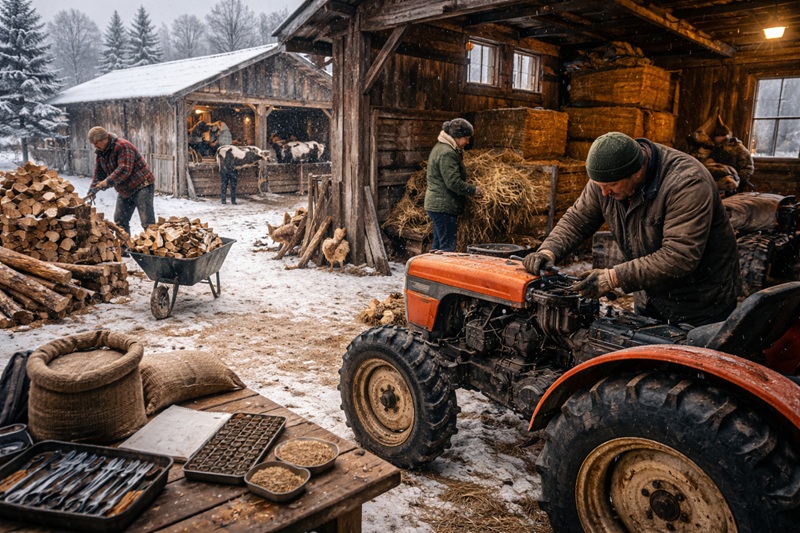 Zimowe prace rolnicze w gospodarstwie – rolnik naprawiający traktor w stodole, obok rąbanie drewna i karmienie krów na ośnieżonym podwórzu