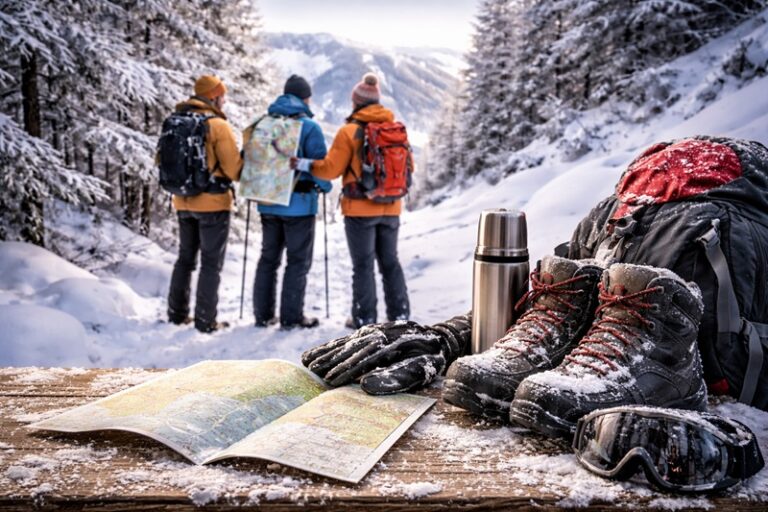 zimowe wyjazdy turystyczne w górach z ekwipunkiem turystycznym na śniegu