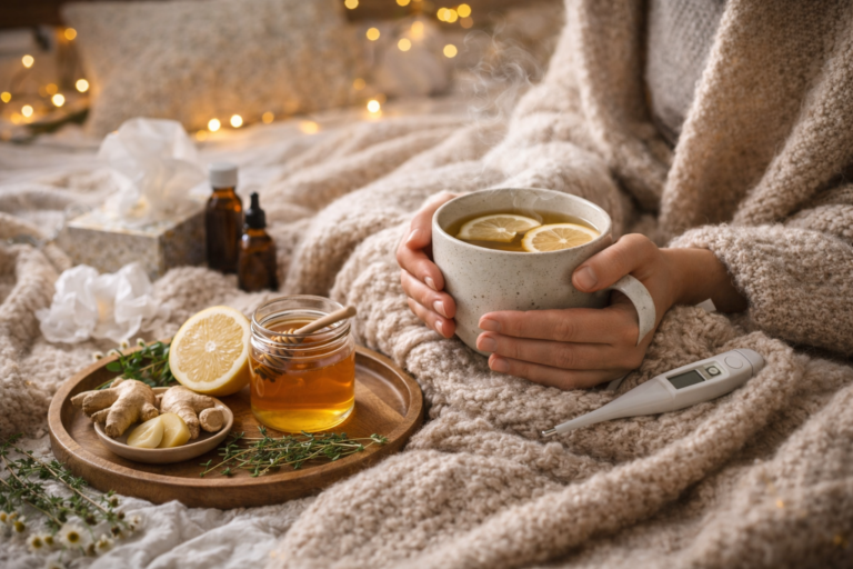 Osoba owinięta w koc pije ciepłą herbatę z cytryną i imbirem podczas przeziębienia w przytulnym wnętrzu