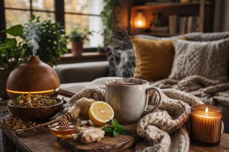 Naturalne sposoby na przeziębienie – herbata z miodem, cytryną i ziołami w przytulnym wnętrzu