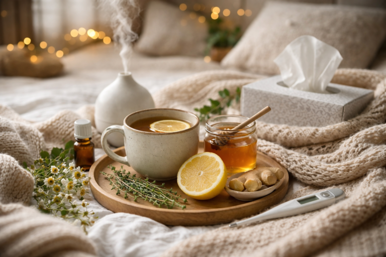 Naturalne sposoby na przeziębienie – herbata z miodem, imbirem i cytryną w przytulnym wnętrzu