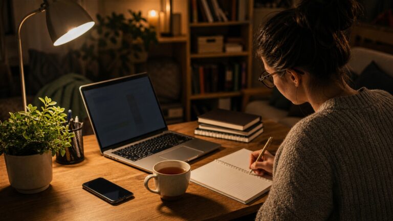 Osoba ucząca się po pracy przy laptopie i notatkach w domowym wnętrzu