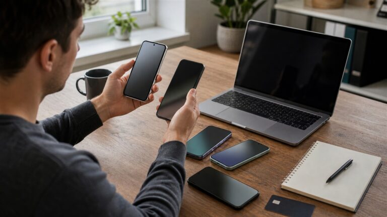 Osoba porównująca smartfony przed zakupem na biurku z laptopem i notesem