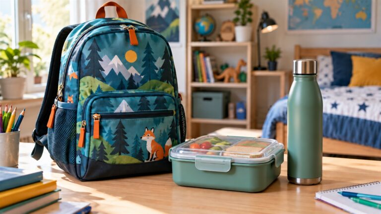 Plecak szkolny, lunchbox i termos tworzące funkcjonalny zestaw do szkoły